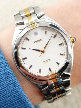 Seiko Unisex Watch Dolce 5E31-6F10 Two-Tone Blue Hands Dress 34mm NEW BATTERY